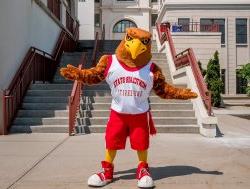 Rocky the Red Hawk outside of a dorm buildnig.